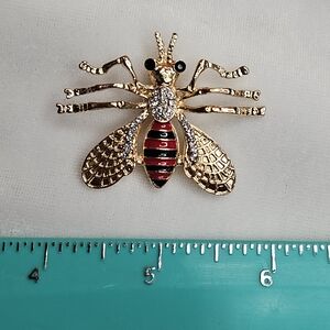 Women's Red Black Bee Brooch Retro Style Pin Rhinestone Sparkling Gold Tone